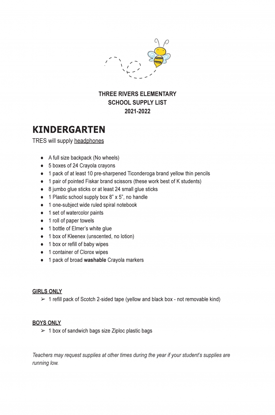 Kindergarten School Supplies List 2022